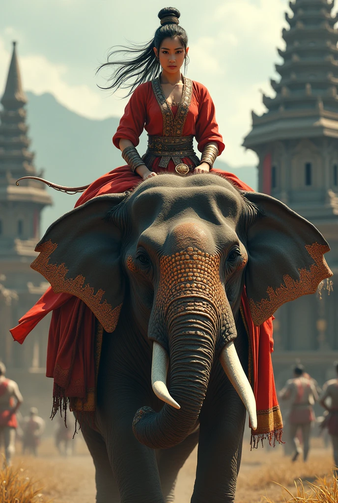 a female asian worrier riding on the head of an elephant during 16th century, Mrauk U background, the nose of elephant is upward and the costume is rakhine women traditional dress