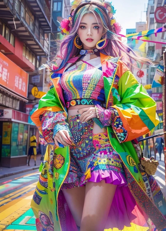Generate high-quality female images, Colorful and refreshing atmosphere。She wears a novel fashion style.、They wear costumes of different colors and bright patterns.。The background is an inorganic intersection of a large city。Her pose is extraordinary.、It gives a sense of dynamic movement and expressiveness.。Light and shadow effects are skillfully expressed、Costume details and faces、The expression is colorful and vividly artistic.。The overall atmosphere is refreshing, still、Unique avant-garde elements stand out。This image is vividly projected in colorful tones.、Evoke visual stimuli and aesthetic sense、Excite your audience、You will be surprised.。While pursuing an avant-garde style、Colorful palette creates an exhilarating atmosphere.。
