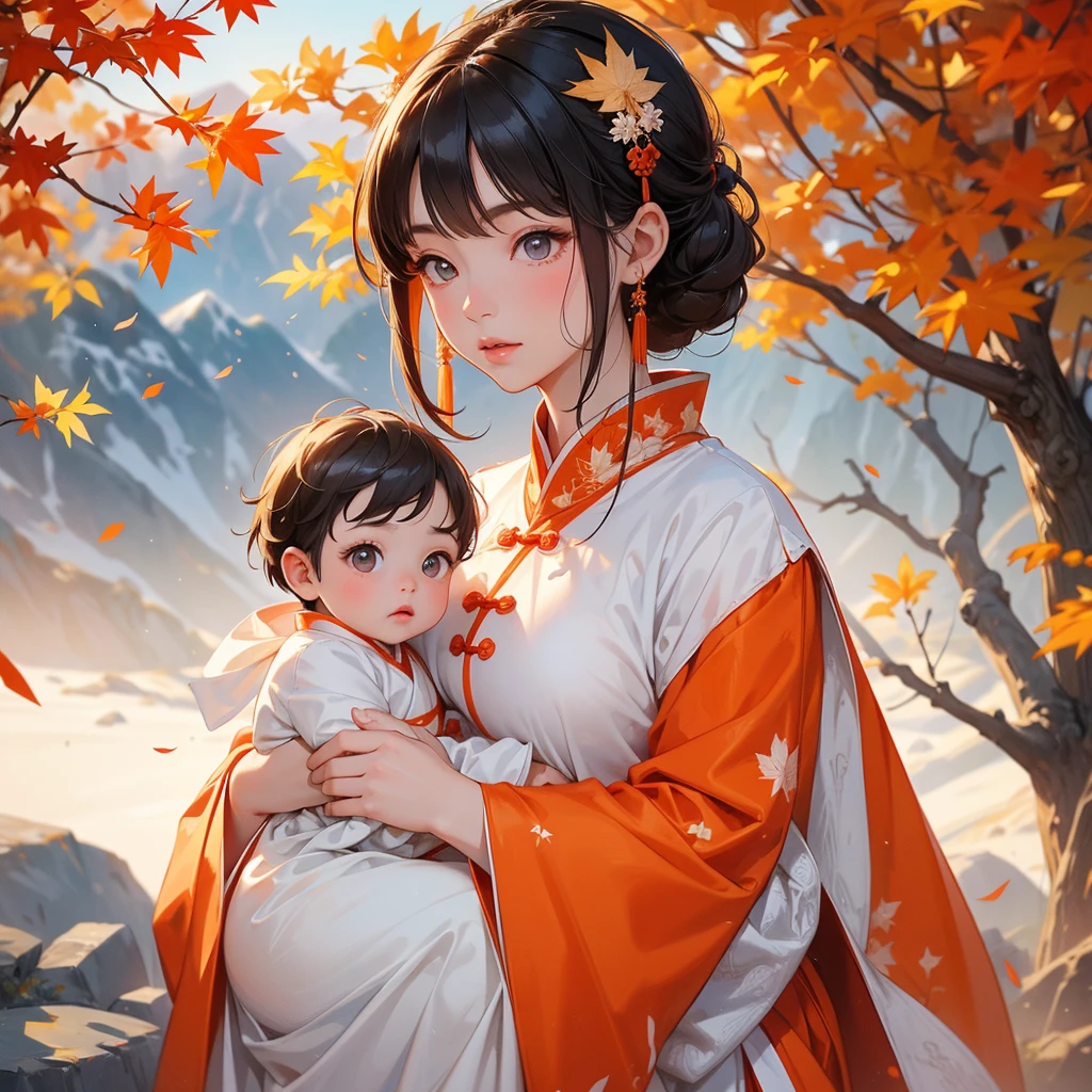 A -yead bab white ancient Chinese baby costume wiis beautiful mother, dressed in an ancient Chinese costume, The backdrop is a mountain that turns orange-red in spring, and maple leaves fall from the trees, playing with each other, with his handsome father standing next to his mother, close up