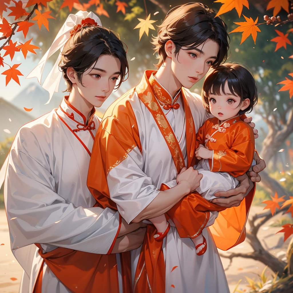 A one-year-old baby boy in white ancient Chinese baby costume with his beautiful mother, dressed in an ancient Chinese costume, The backdrop is a mountain that turns orange-red in spring, and maple leaves fall from the trees, playing with each other, with his handsome father standing next to his mother, close up