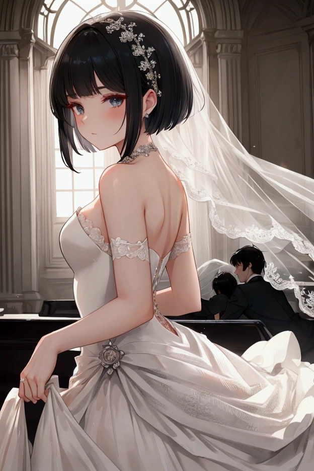 A short, black haircut and a dreamy wedding dress
