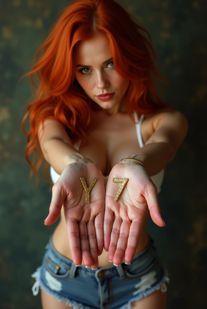 A sexy redhead woman in red high heels, denim skirt and white bikini, with the letter Y in gold on the palm of the left hand and the number seven in gold on the palm of the right hand