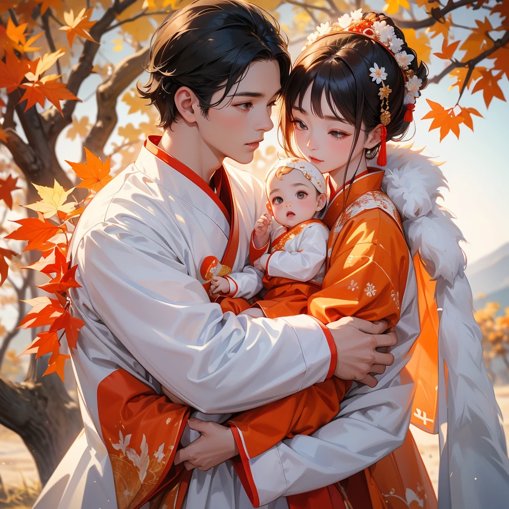 A -yead bab white ancient Chinese baby costume wiis beautiful mother, dressed in an ancient Chinese costume, The backdrop is a mountain that turns orange-red in spring, and maple leaves fall from the trees, playing with each other, with his handsome father standing next to his mother, close up