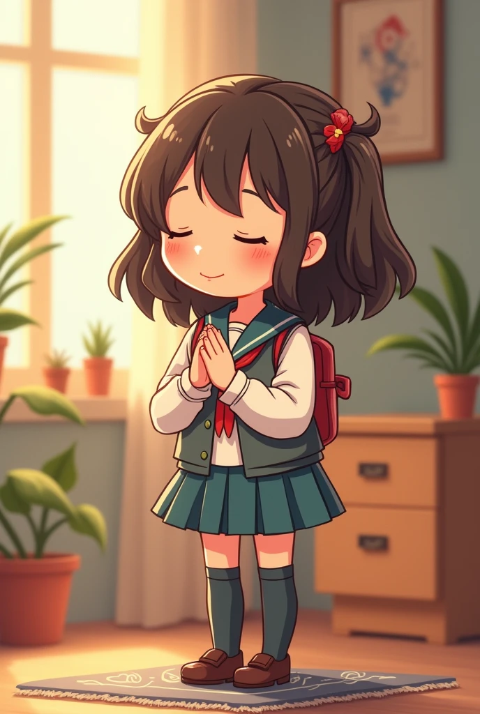 make me a cartoon image of my daughter praying wearing her uniform. I will attach my daughters picture in uniform