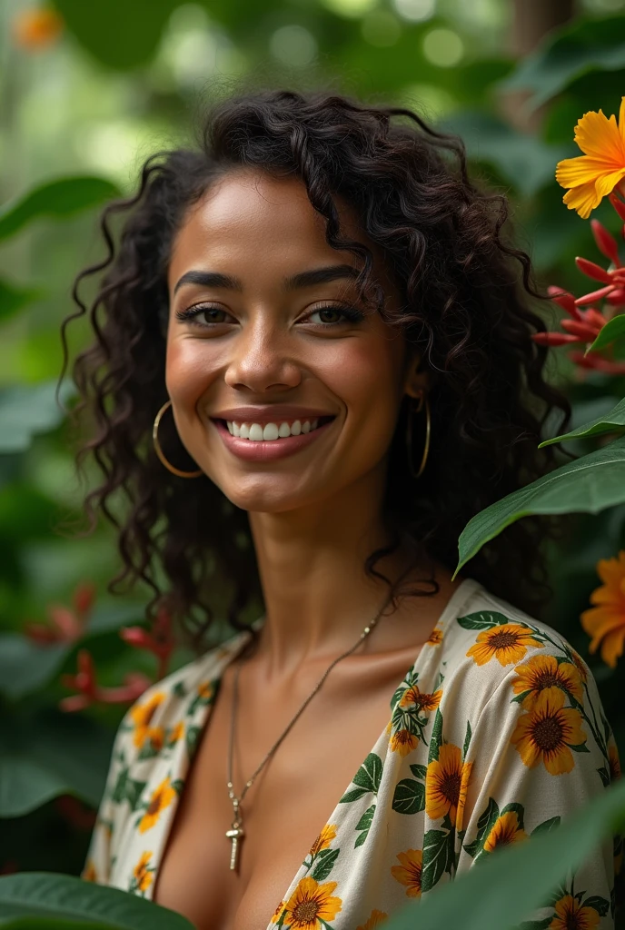 A Brazilian woman in a lush tropical garden, wearing an open shirt with a floral print, with a close-up capturing the harmonious beauty between her breasts and the natural flowers, showing off your natural charm and outgoing personality.