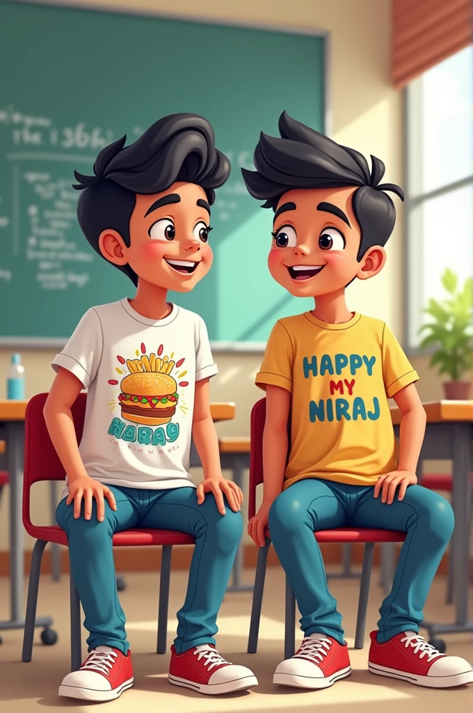 2 friends siting on the classroom 1st boy name is yogesh write the t shirt and another boy name is niraj happy birthday write the t shirt 2d cartoon behind 