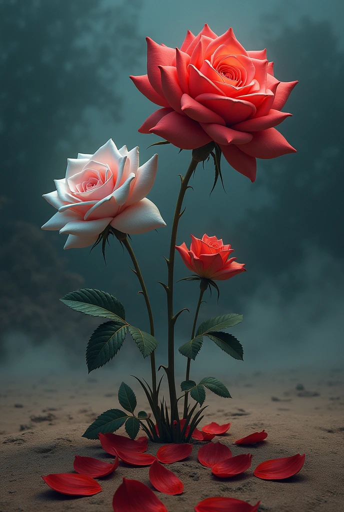 3 flowers(one red one pind one white) standing in arid desert, nightmare view darkness everywhere. The white rose stand strong the biggest between the trio. The pink rose are little but light the darkest sky. The red rose are the most beautiful and her petal show a path in this night mare scene. Dreamlike view