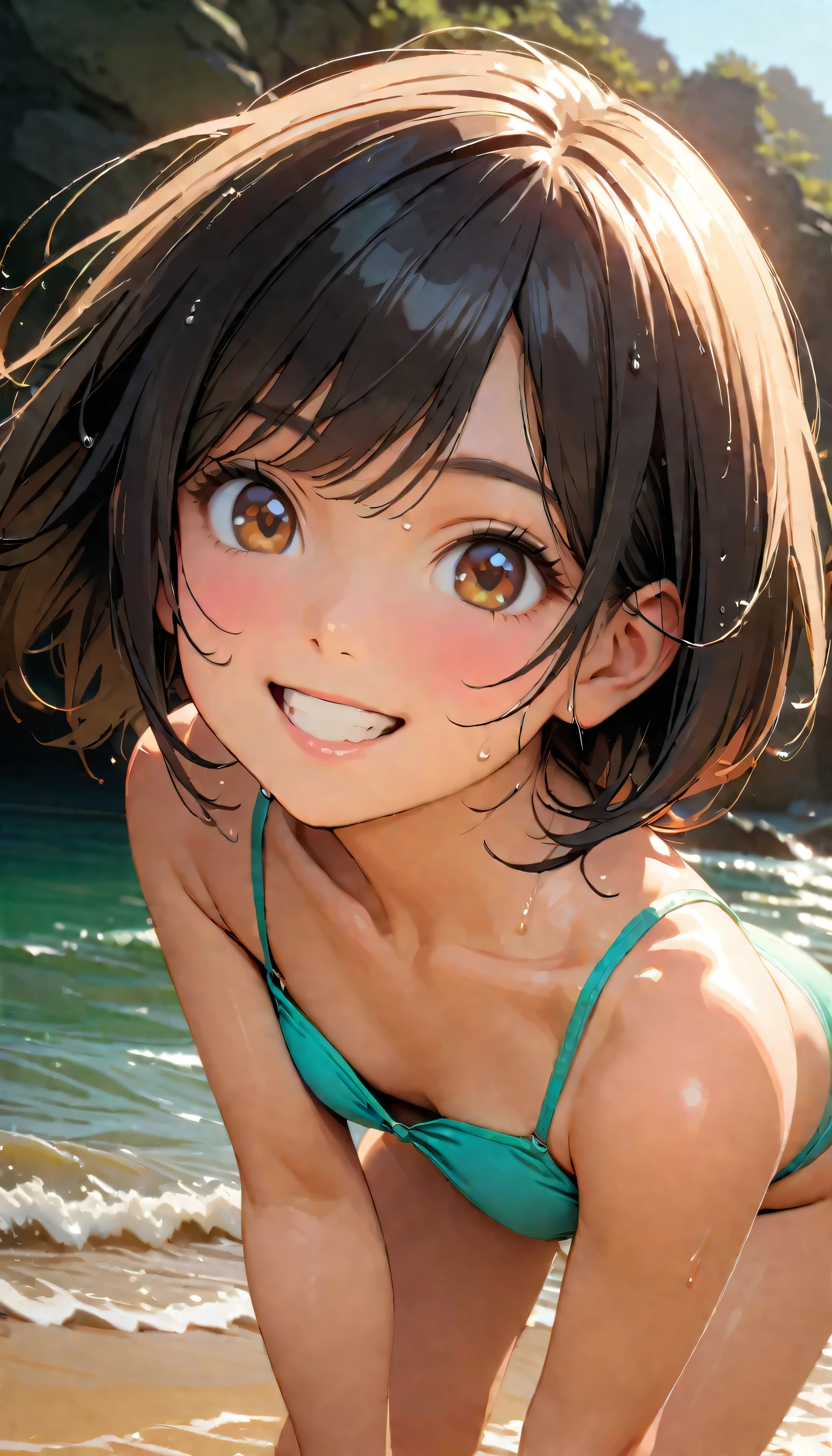 (Highest quality:1.2, Very detailed, up to date, Vibrant, masterpiece:1.2, Highest quality, Best aesthetics), smile, ((Face Up Shot:1.4)), 1980s style, 8k Ultra HD, Background Blur, smile, One Woman, Woman in bikini, Strong sunlight, Seaside, sunny, Summer sunshine, Wet Skin, Sandy Beach, Dynamic Angle, dynamic, Get excited,low length, Bobcut, very young, flat chested