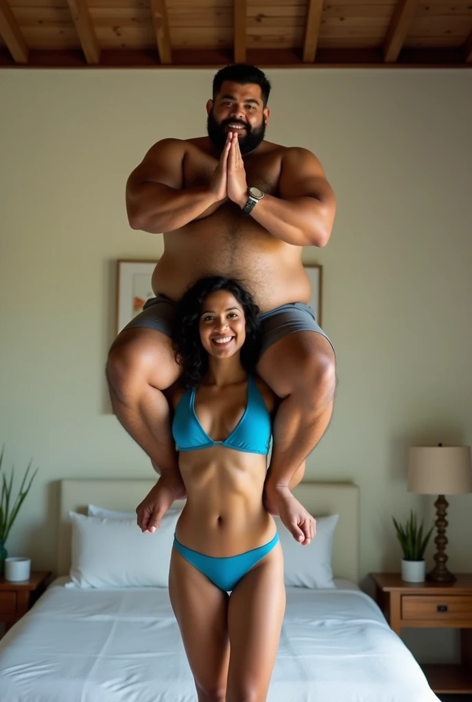 Beautiful and Slim Indian woman in blue blouse bikini  lifting a large chubby fat man above her shoulders, man is sitting on woman's shoulders, in a bedroom with high ceiling, natural smile, woman is looking into the camera , she is holding his hands, full body image 