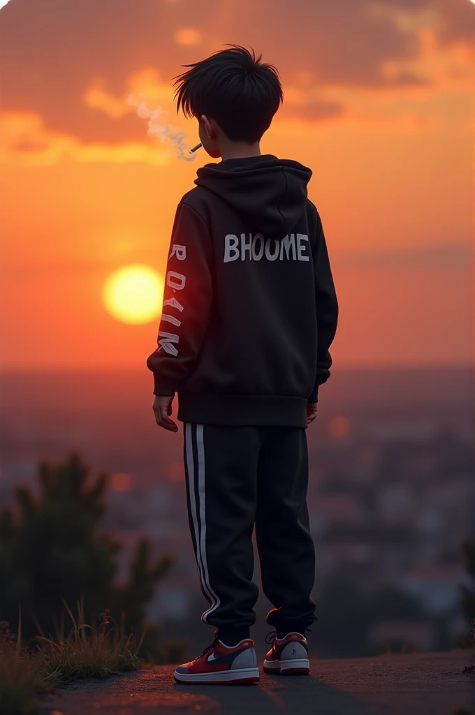 Boy facing towards the sunset view, wearing black hoodie, jogger and jordan shoes, smoking, BHOOME written in the back of hoodie, realistic, great view, 