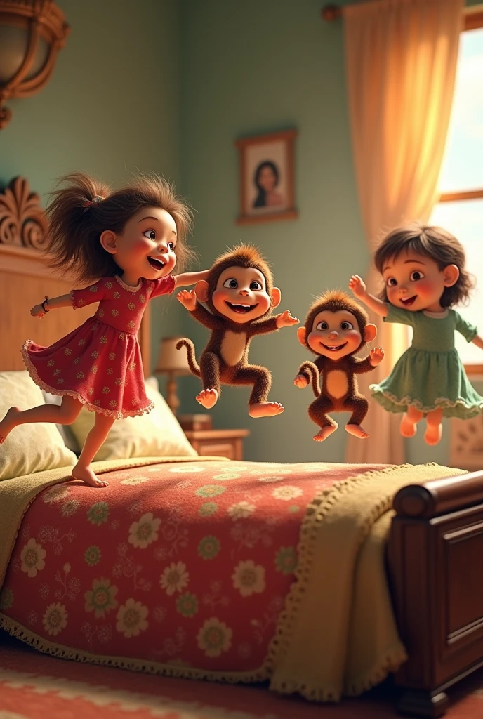 title three little pippas with 3 monkeys jumping on the bed background