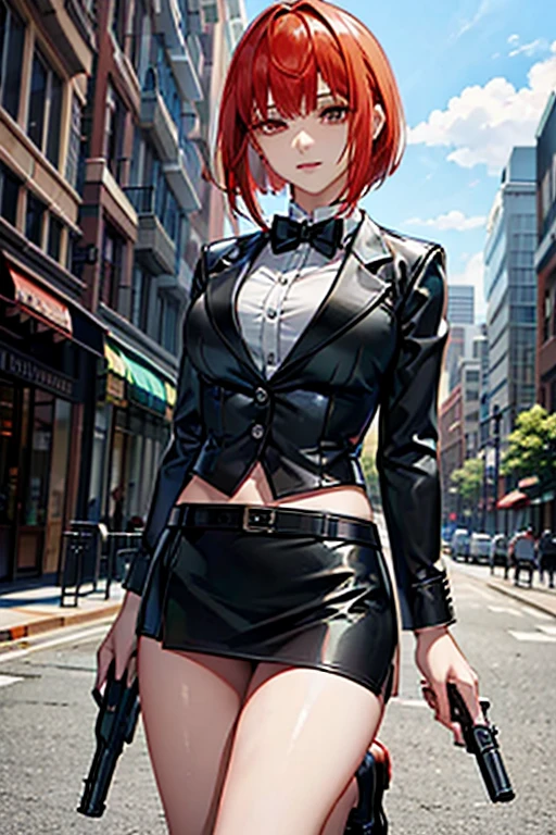 Highest quality、Ultra HD、One Woman、(Red Hair Short Bob 1.3)、(Black blazer 1.3)、(Black bow tie)、(shirt)、(Black Leather Shoes 1.1)、((Black Mini Tight Skirt))、((Thigh 1.2))、((One with a gun in each hand.5))、stylish、(Beautiful face with sharp eyes 1.2)、(Leather belt 1.2)、2. Women、thin、(Daytime city background 1.2)、((Clear and beautiful touch))