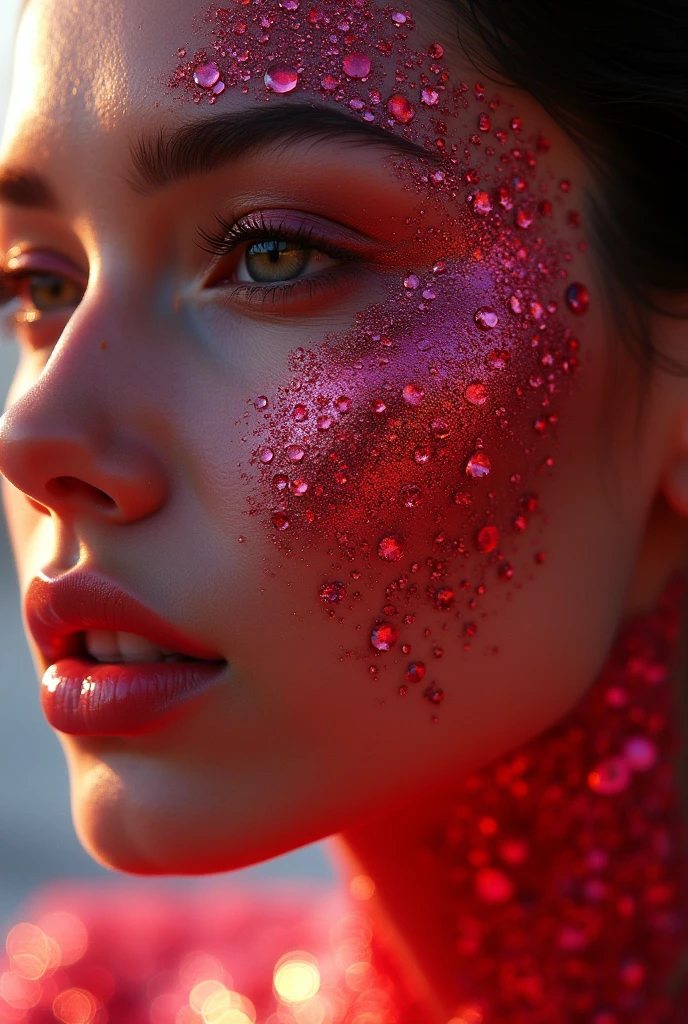 In a world where beauty transcends the ordinary, imagine a stunning woman whose skin is a breathtaking mosaic of shimmering rubies. Each movement she makes causes the gems to catch the light, scattering vibrant reds and pinks that rival the most exquisite sunset. Her eyes, deep and mysterious, sparkle like the rarest of jewels, and her presence exudes a warmth and allure that captivates all who behold her. As she glides gracefully through a world of ordinary mortals, she leaves a trail of wonder and admiration in her wake.