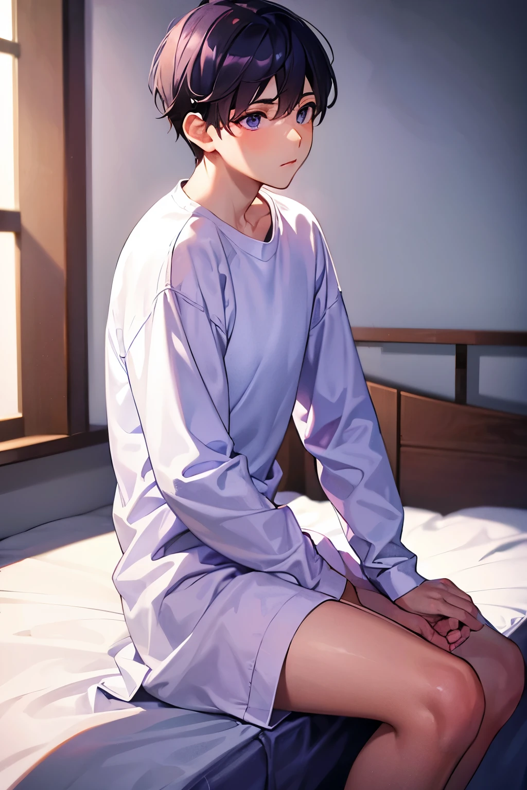 Boy leaking urine Light blue sports shorts Lying in bed blushing Shyness and embarrassment Sweating profusely Covering the crotch with one hand and putting one hand on the bed
