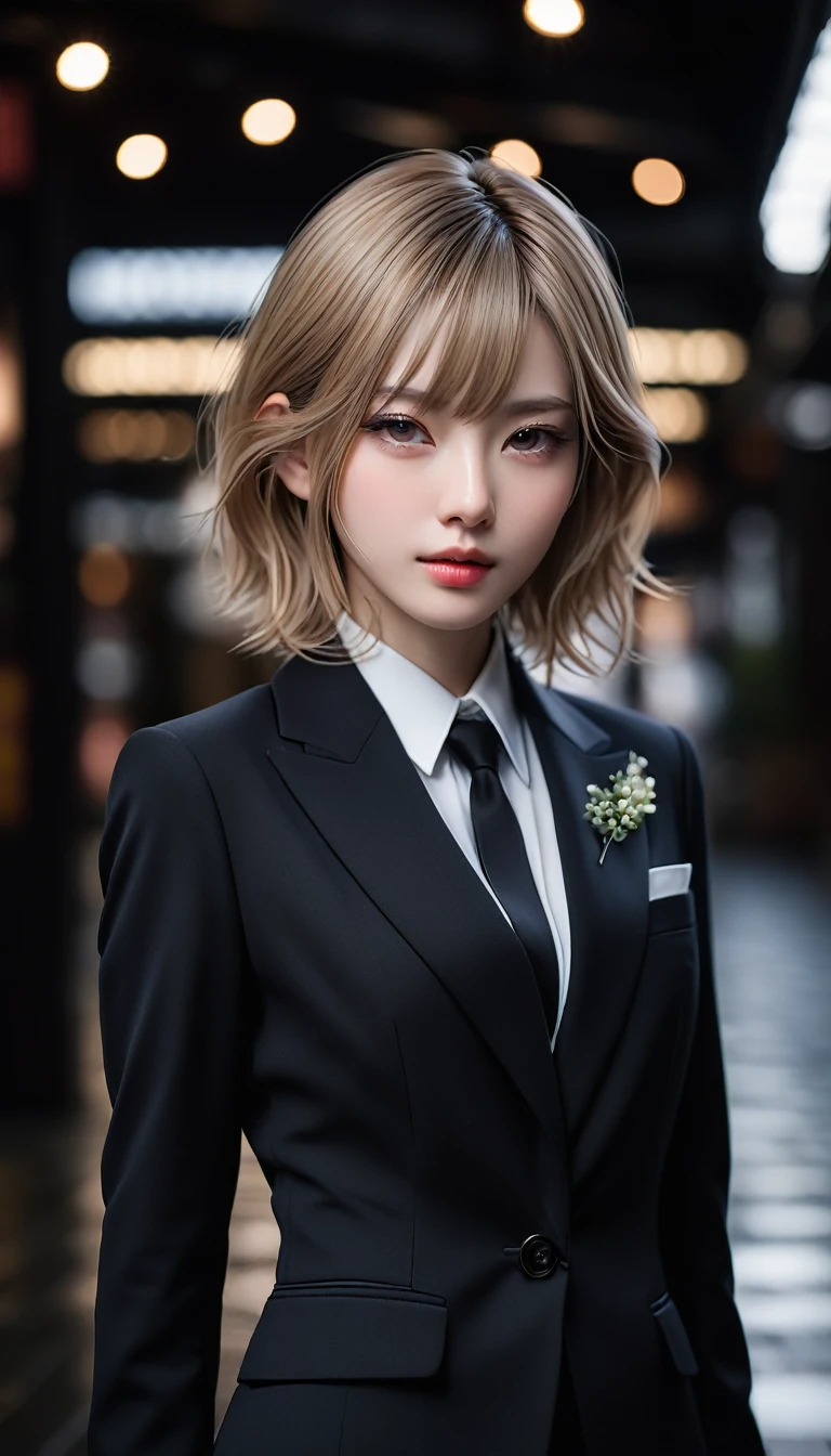 Meticulous, analog style, focus on the eyes, highest quality, (highly detailed skin), very beutiful pale-skinned Japanese girl photo, 2, (wearing a suit), perfect face, skin pores, (penetration: 0, 5), black background, (bokeh:0.6), photographed with Sony A7R IV camera, 18mm F/1.7 cine lens, 8k, HDR, front view, (full body: 0.9), (standing), (black shoes)