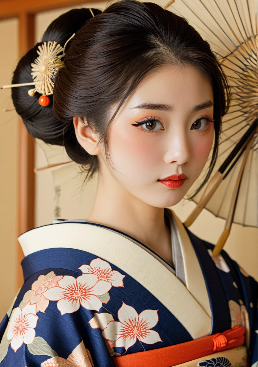 (Ukiyo-e:1.9)、woodblock print、Sharaku、Cute Japanese Town Girl、20 year old female、Intricate kimono patterns、Delicate facial features、A hairstyle symbolizing the Edo period、Holding a traditional Japanese fan、Kind eyes and small lips、A serious expression、Face close-up、Bust Shot、Natural light、High resolution、Detailed Images、Bright colors、Realistic、masterpiece