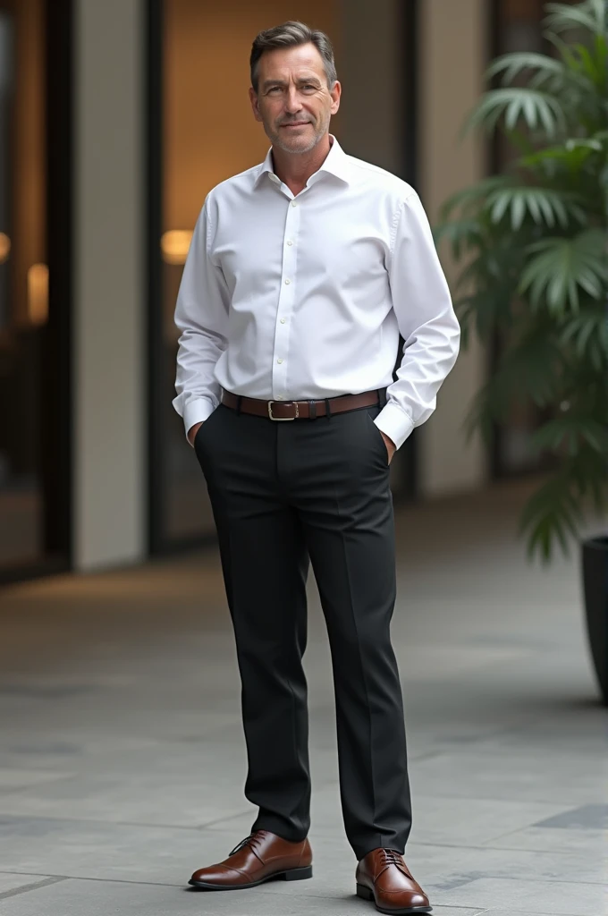 A man wearing white shirt , Balck formal pants and a  casual shoe