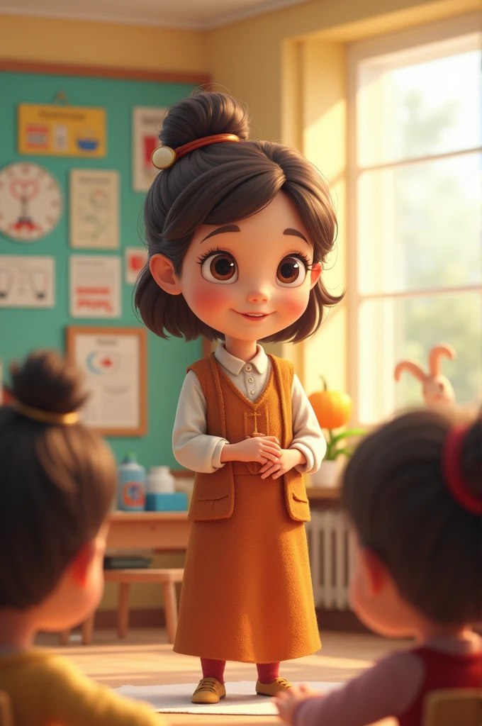 Kindergarten teacher is short and polite covering private parts