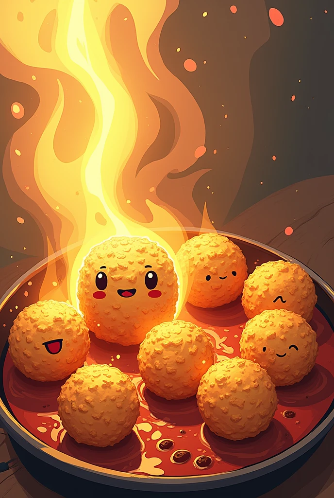 Make me bakwan logo from uncooked to burnt bakwan in anime art style