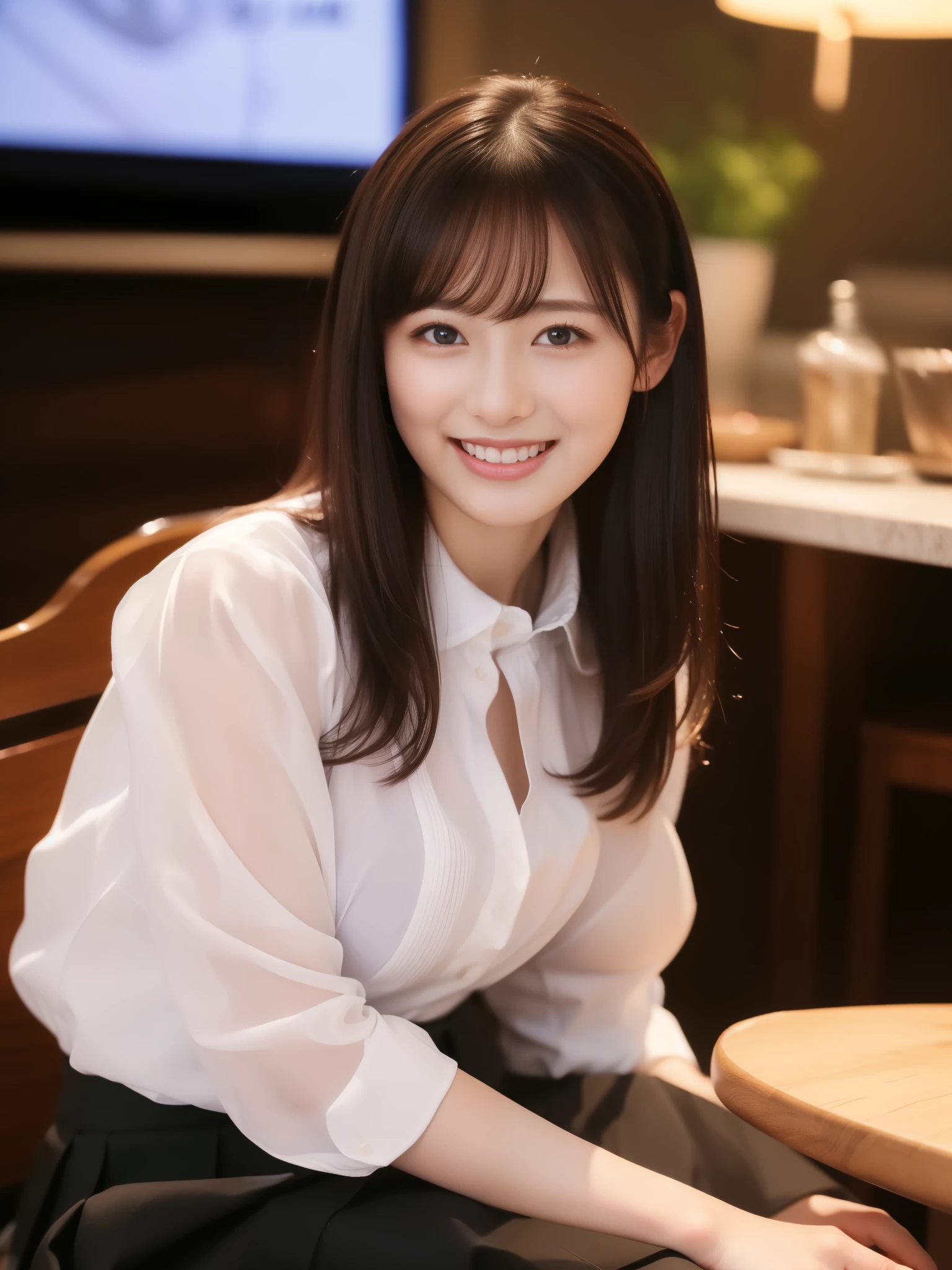 (8k、RAW Photos、Highest quality、masterpiece:1.2)、(Realistic、Photorealistic:1.37)、Ultra-high resolution、One Girl、cute、solo、Beautiful sky、Detailed Cafe、night、Sitting、date、(Nose redness)、(Laughter:1.1)、(Closed)、Big Breasts、Beautiful Eyes、(Collared shirt:1.1)、Wet shirt、Pleated skirt、(Medium Hair:1.2)、Floating Hair