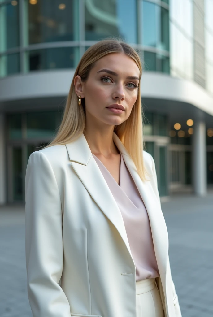 A 3 woman with straight blonde hair in a sleek ponytail, wearing a crisp white blazer and gold earrings, giving an interview to the press,
standing
outside a modern tech company
headquarters.
