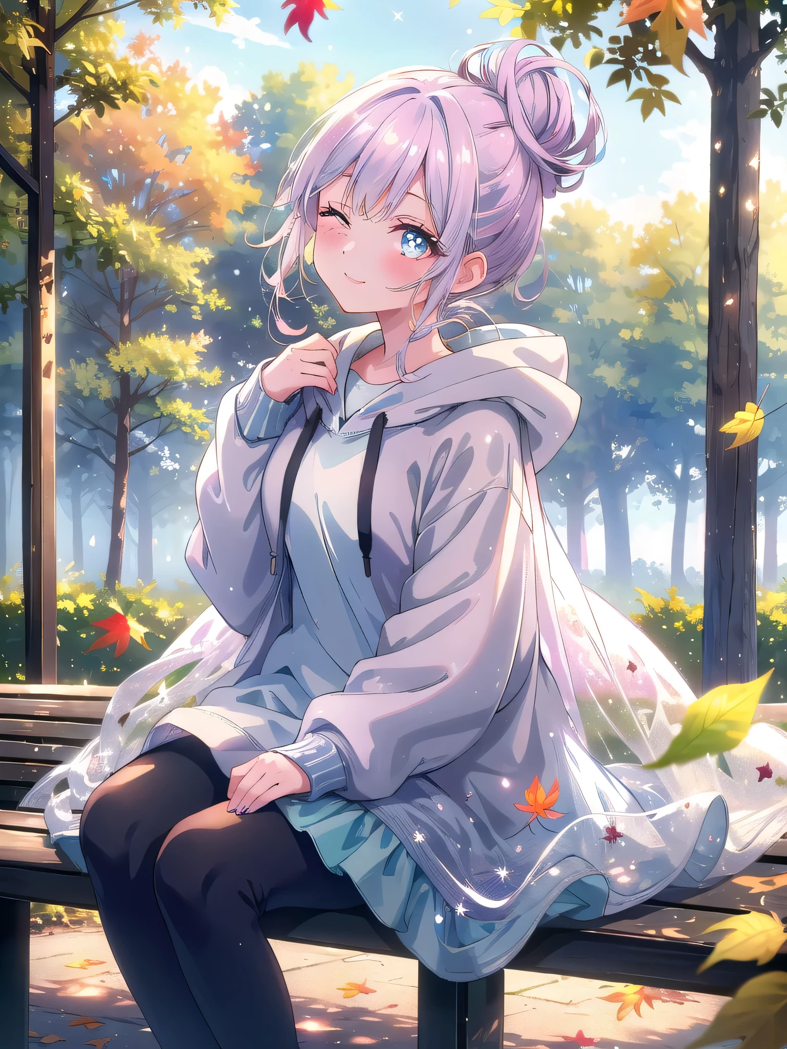((8k, Highest quality, masterpiece: 1.3)),Ultra-high resolution,(1 girl, alone), (Color changing eyes, Ultra-detailed, Expressive brilliance, Glitter, Glowing Eyes), Highly detailed eyes, Highly detailed face, Random Hair, ((pastel colour)The woman is at a picnic table in a quiet park, where a single, neatly wrapped burrito sits on a paper plate in front of her. She’s dressed in a relaxed, oversized hoodie and leggings, her hair pulled into a messy bun. The trees around them sway gently in the breeze, and the late summer leaves are beginning to turn slightly golden. She looks at the camera with a relaxed, content smile, her eyes half-closed in a moment of peaceful bliss as she leans back against the bench, clearly enjoying the serene atmosphere with her boyfriend.