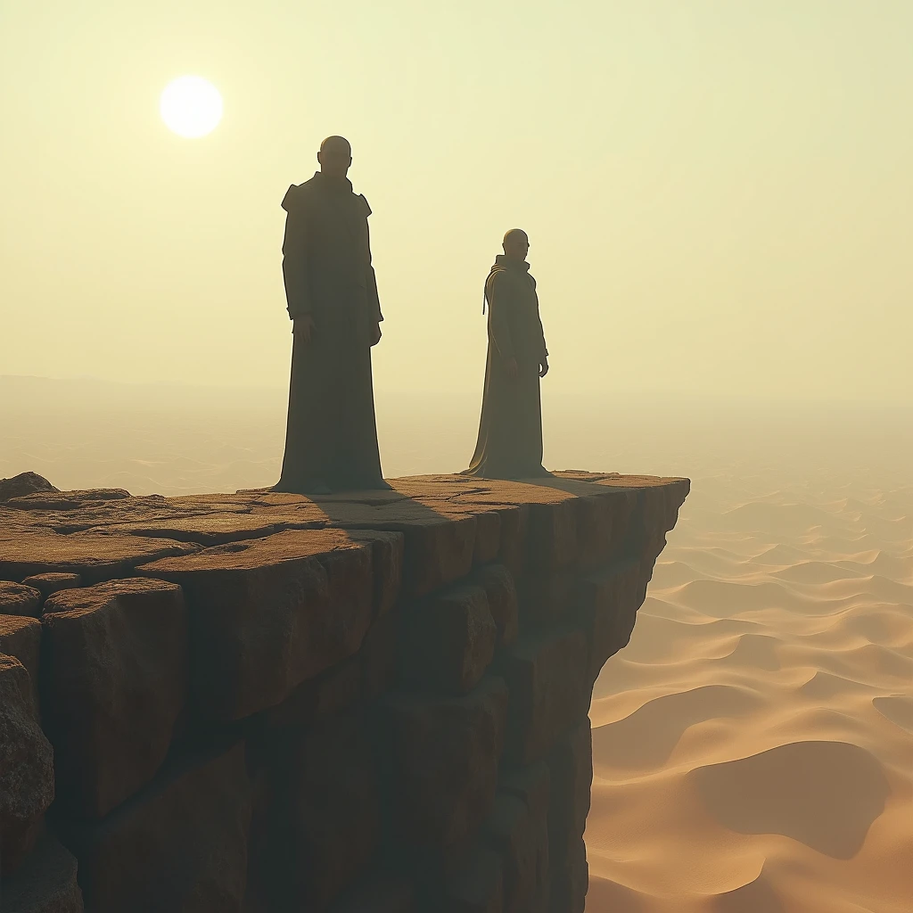 Create an image of 2 men in the form of shadows, standing on a cliff in a desert. Title (all in)