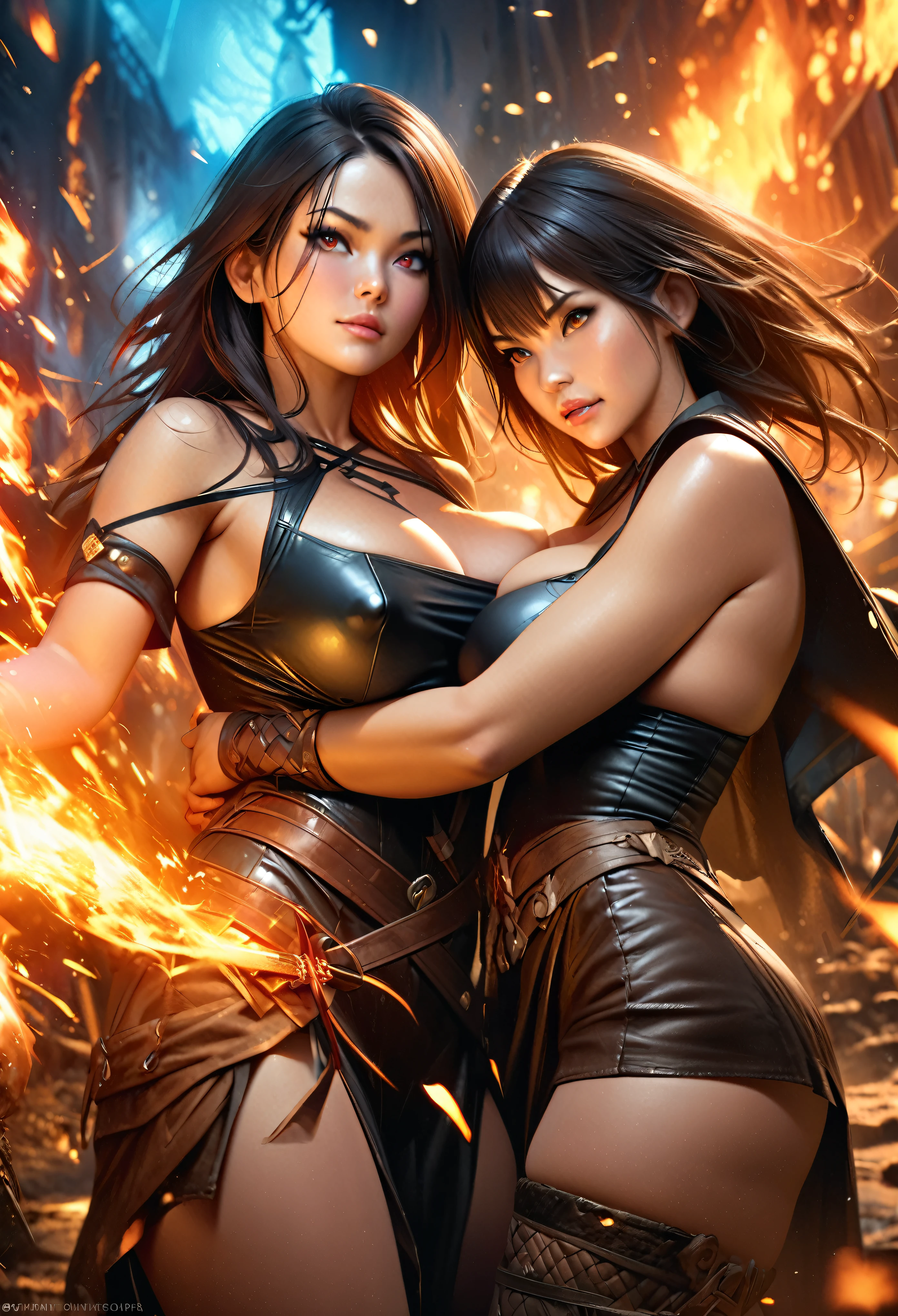 ((Two women hugging each other)、{best quality,4K,8k,highres,masterpiece:1.2),ultra-detailed,(realistic,photorealistic,photo-realistic、looking at the camera}、{Warrior、Very large breasts、Covered nipples、extremely detailed eyes and face}、Flaming background、(Has a fire element、There are sparks,sword)、vibrant colors、Thigh