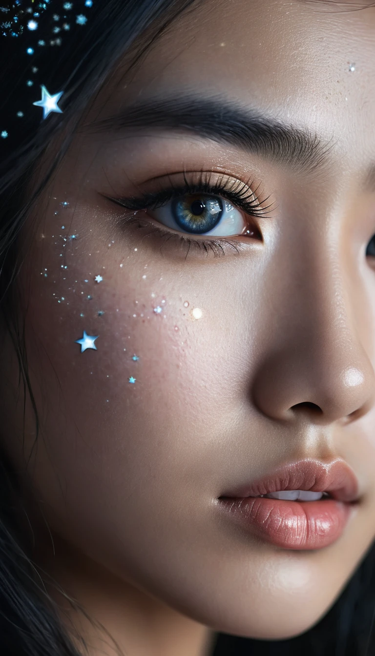 Close up of an extremely beautiful asian girl's eyes reflecting the moon and stars. There is a tear in the corner of the eye. Super detailed, realistic style with surreal elements. Dark, emotional lighting