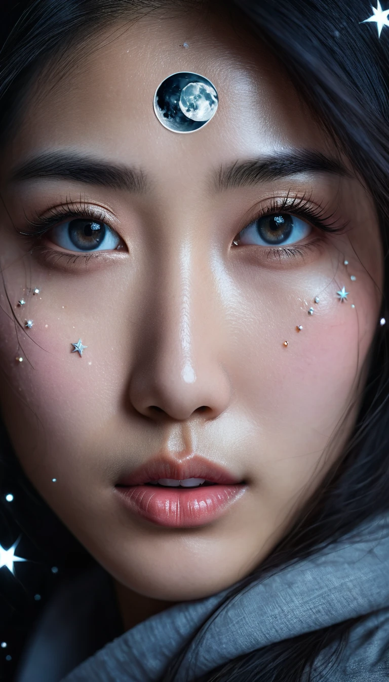Close up of an extremely beautiful asian girl's eyes reflecting the moon and stars. There is a tear in the corner of the eye. Super detailed, realistic style with surreal elements. Dark, emotional lighting