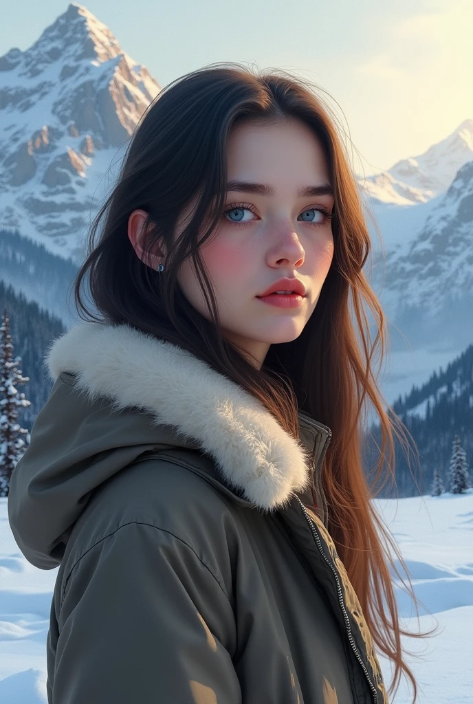 realistic dream painting style, beautiful young happy very beautiful girl, blue charming eyes, sophisticated face, brown black long hair, wearing only winter warm jacket, mountains (airbrush painting, detailed style), soft lighting, 8k