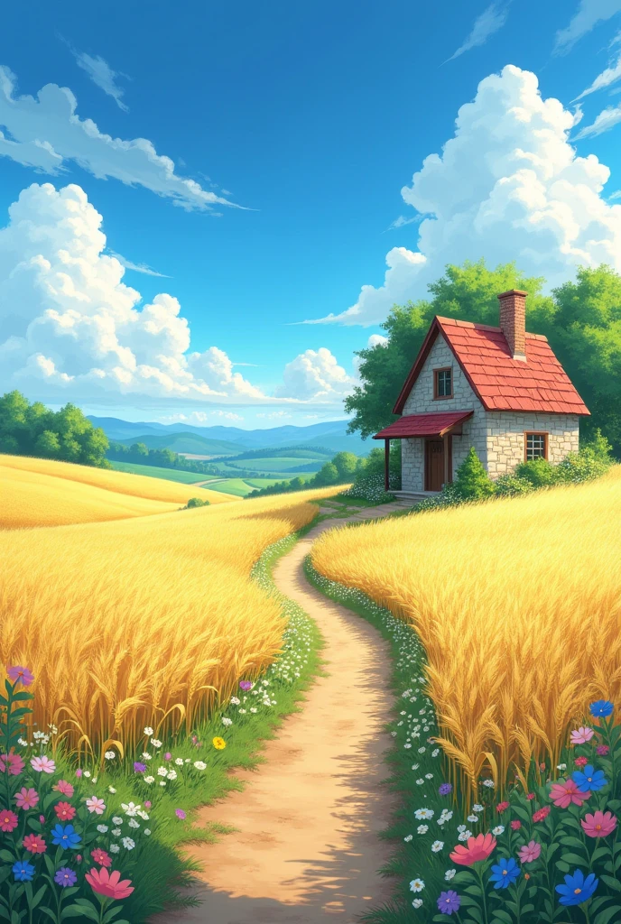 Anime theme, "A charming stone cottage nestled on the edge of a golden wheat field under a vast blue sky with fluffy white clouds. A narrow, winding dirt path lined with wildflowers leads through the field, guiding the viewer's eye toward distant rolling hills and lush green trees. The sunlight bathes the entire scene, casting warm and inviting shadows, creating a peaceful countryside ambiance."