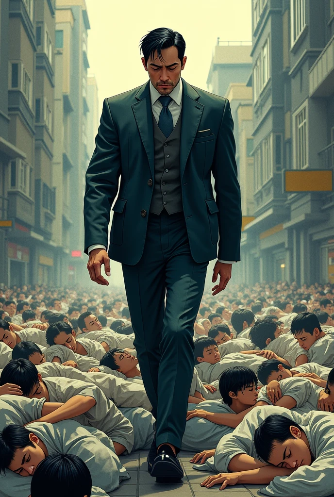 As a tall person walking forward with a horde of people sleeping behind standing manga style
