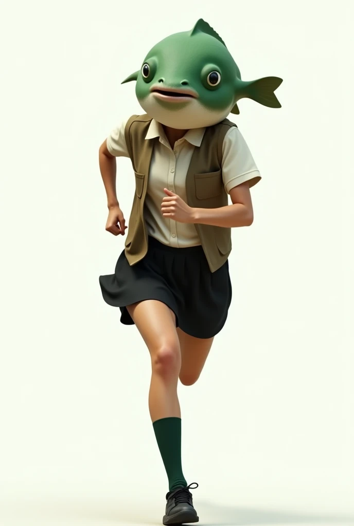 ((Highest quality)), ((photorealistic, hyperrealistic photo, portrait)), (front), (smile), (The upper half of the pufferfish is green.), A pufferfish with a very realistic head, A woman with a human body, She is wearing an off-white collared short-sleeved shirt, a light brown vest, a knee-length black skirt, dark green socks, and black shoes., Running at full speed, Background is white, Photorealistic images,