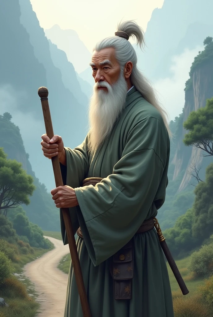 Potrait. A wise, elderly Asian man with a long beard, standing at the beginning of a long path through a tranquil, misty mountain landscape. He is holding a walking stick and speaking with calm authority.