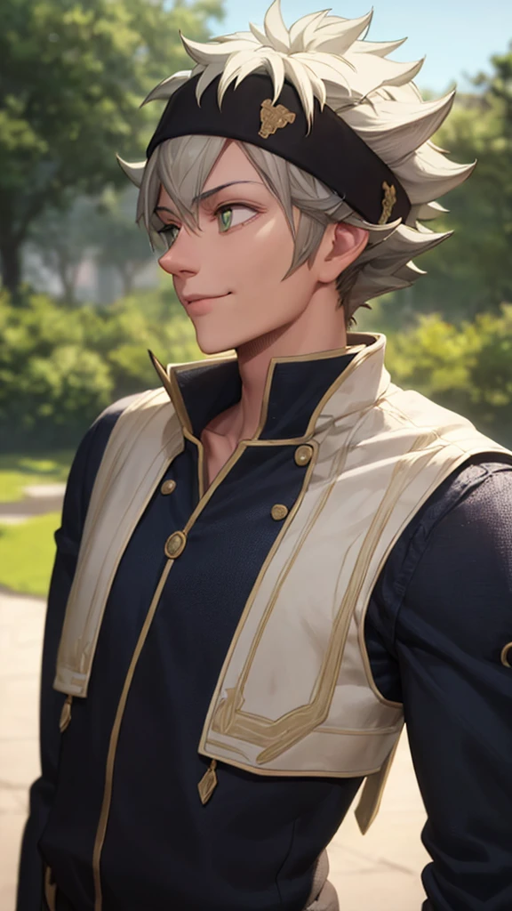 masterpiece, best quality, high quality, 1 man, solo, male focus, side angle, (looking away:1.5), upper body, asta, headband, gray hair, spiky hair, High quality, very realistic, absurd, high, highly detailed, HDR, masterpiece, highly detailed face and eyes, black shirt, solo,, man, handsome,, standing straight, expressionless, Smiling softly until his eyes closed and he smiled, being in a park at night