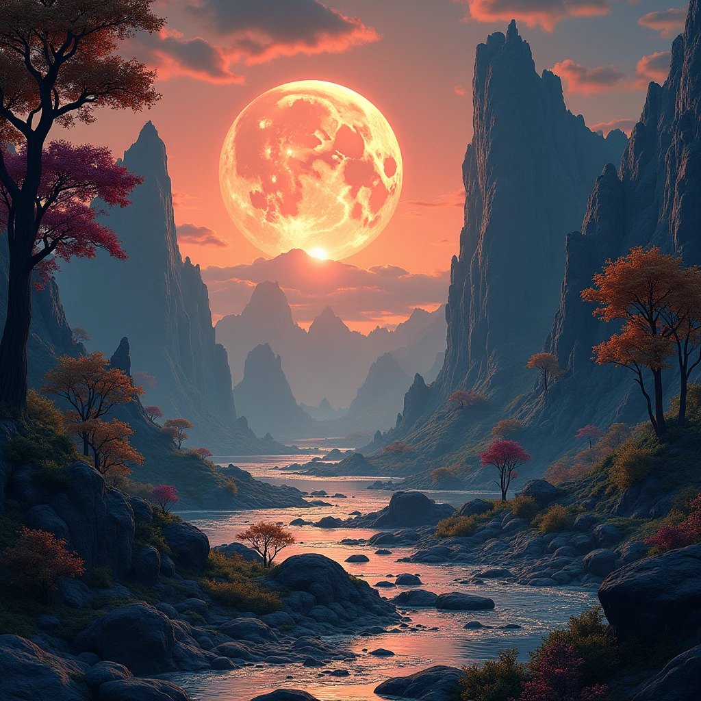 (Lunar World), Atmospheric Oliva lighting, 4k hdd, Dark atmosphere, Super detailed, Brightly colored forest background, A magnificent composition, Octane Rendering, Sharp focus, High resolution isometric drawing - ar 3:2