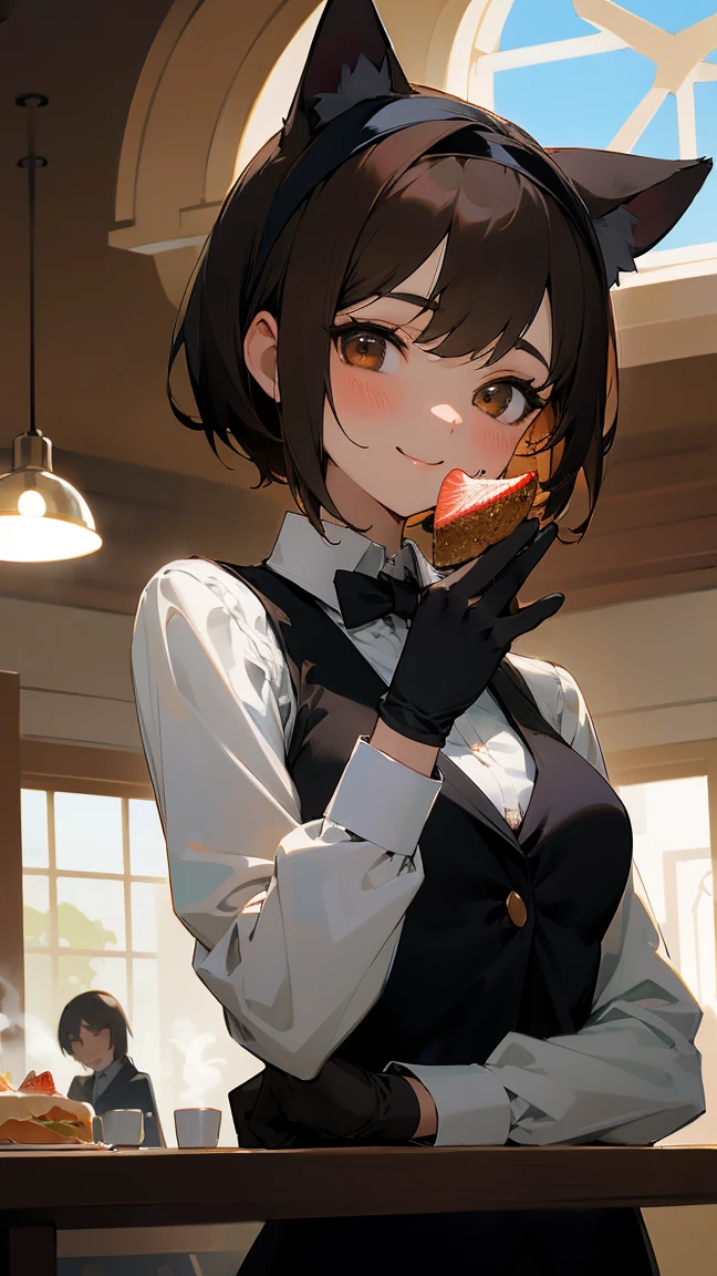 masterpiece, best quality, absurdres, score_9, score_8_up, score_7_up, source_anime, 1girl, deep brown eyes, room, wariza, medium hair, pixie bob haircut, black hair, happy face, she holding an strawberry cake with a smile, portrait,, starshadowmagician, solo, Adult woman, best perfect ???????, cafe, indoors, window, crowd, standing, steam, looking at viewer, cat ears headband, white shirt, black tie, format black vest, Long-sleeved shirt, blazer, white format gloves, black trousers, dynamic angle. perfect dynamic composition, upper body, smile, Shooting up close, Shooting from the side, hanging light, ceiling light, potted plant, background: cafe,