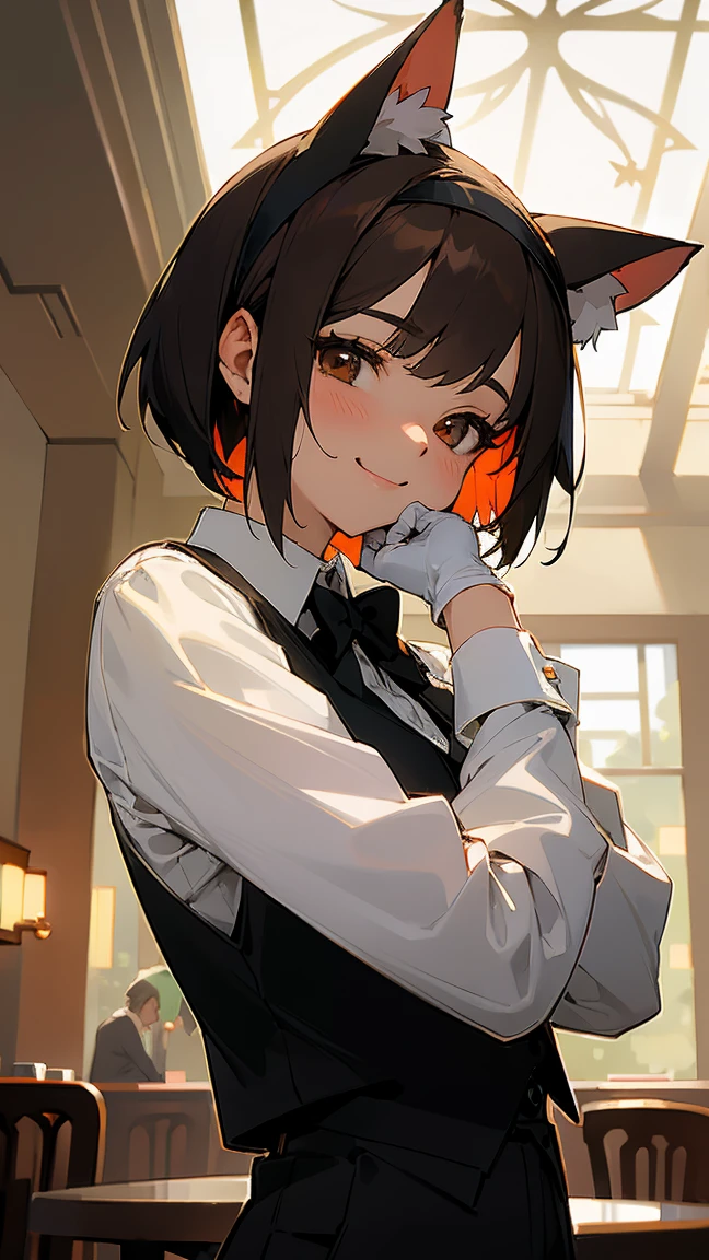 masterpiece, best quality, absurdres, score_9, score_8_up, score_7_up, source_anime, 1girl, deep brown eyes, room, wariza, medium hair, pixie bob haircut, black hair, happy face, she holding an strawberry cake with a smile, portrait,, starshadowmagician, solo, Adult woman, best perfect anatomy, cafe, indoors, window, crowd, standing, steam, looking at viewer, cat ears headband, white shirt, black tie, format black vest, Long-sleeved shirt, blazer, white format gloves, black trousers, dynamic angle. perfect dynamic composition, upper body, smile, Shooting up close, Shooting from the side, hanging light, ceiling light, potted plant, background: cafe,