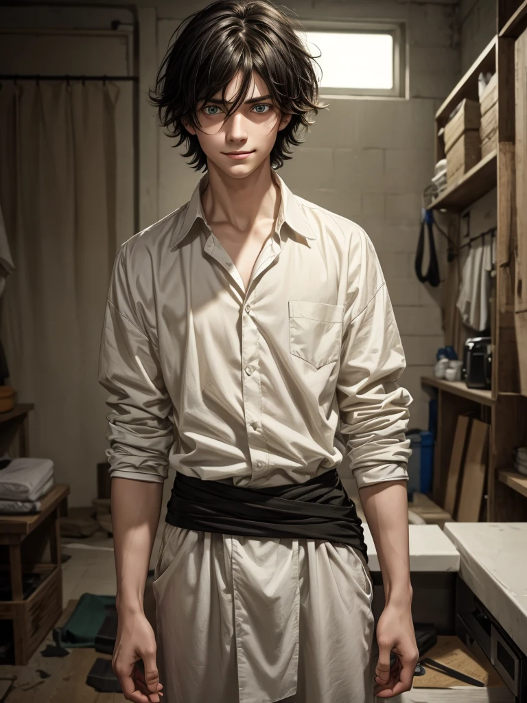 (best quality), 1boy, young boy, pale skin, black hair, medium hair, tousled hair, messy hair, bangs over eyes, green eyes, dark circles under eyes, bandages, light smile, scrawny body, oversized shirt, masterpiece, anatomically correct, highres

