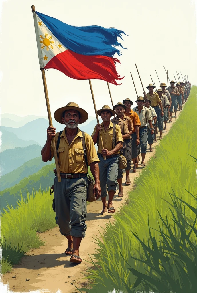 Creat a sketch of a Filipino farmer wearing a farmer attire and wearing a salakot and holding the Philippine flag. While Other pilipina and pilipino is following him in a hill