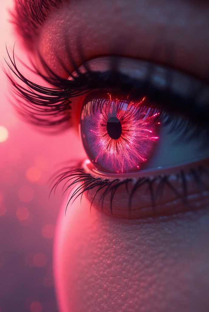 In a woman's pink eye, reflection of the dragon burning the city