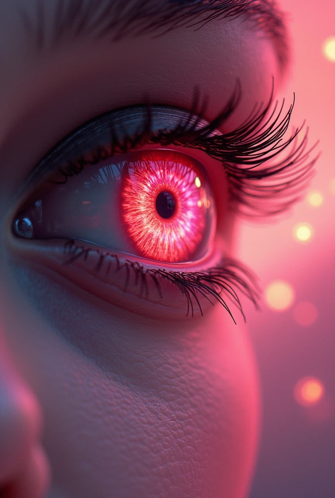 In a woman's pink eye, reflection of the dragon burning the city