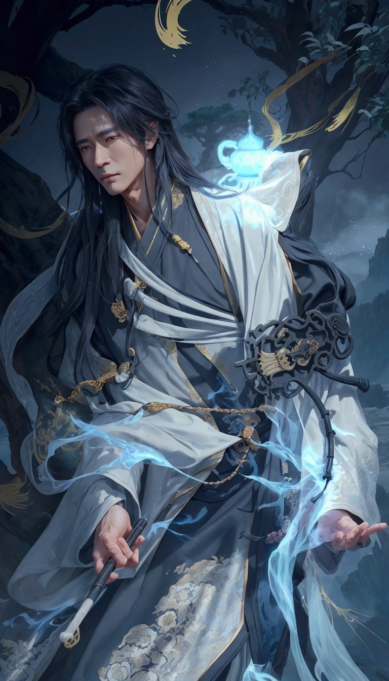 a handsome taoist man, detailed face and eyes, long robe, holding a fan, mystical and spiritual, ancient chinese landscape, detailed mountains and trees, cinematic lighting, mist and fog, digital art, concept art, 8k, highly detailed, photorealistic