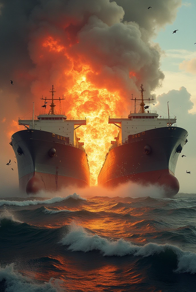 Two cargo Ships crashed and explode all people are jump