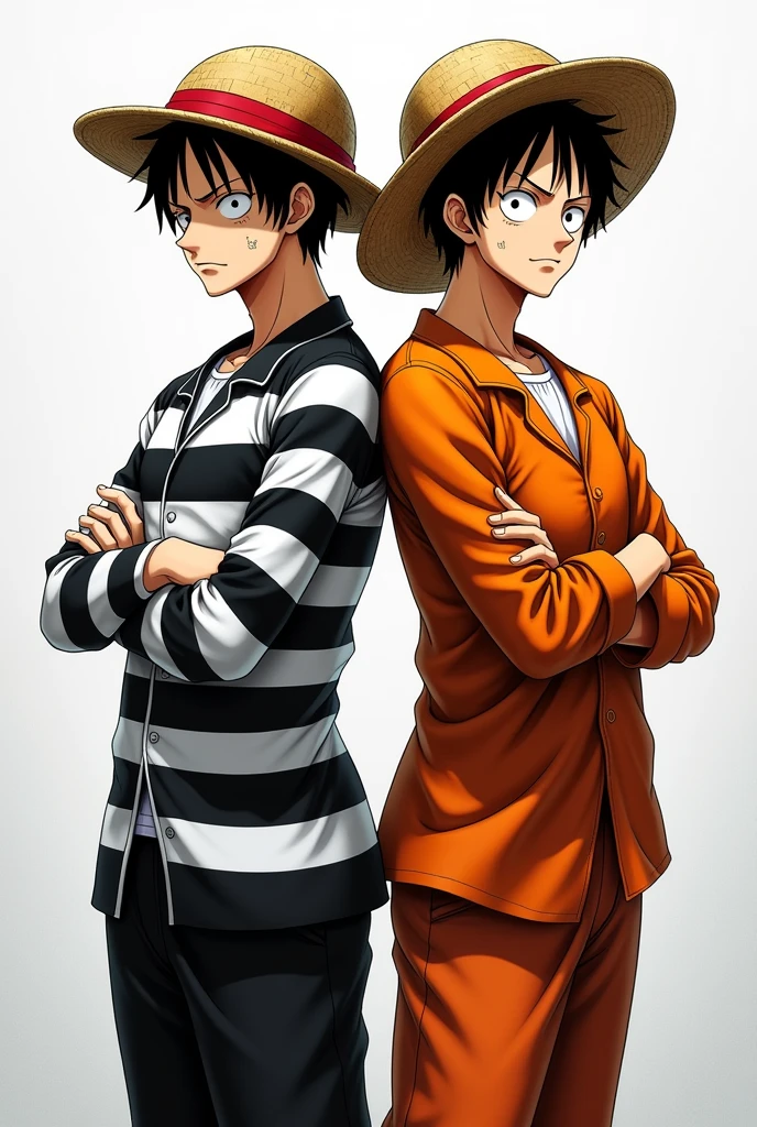 Monkey D. Luffy in a black and white striped long-sleeved prison uniform and Monkey D. .... Luffy in orange long-sleeved prison uniform 