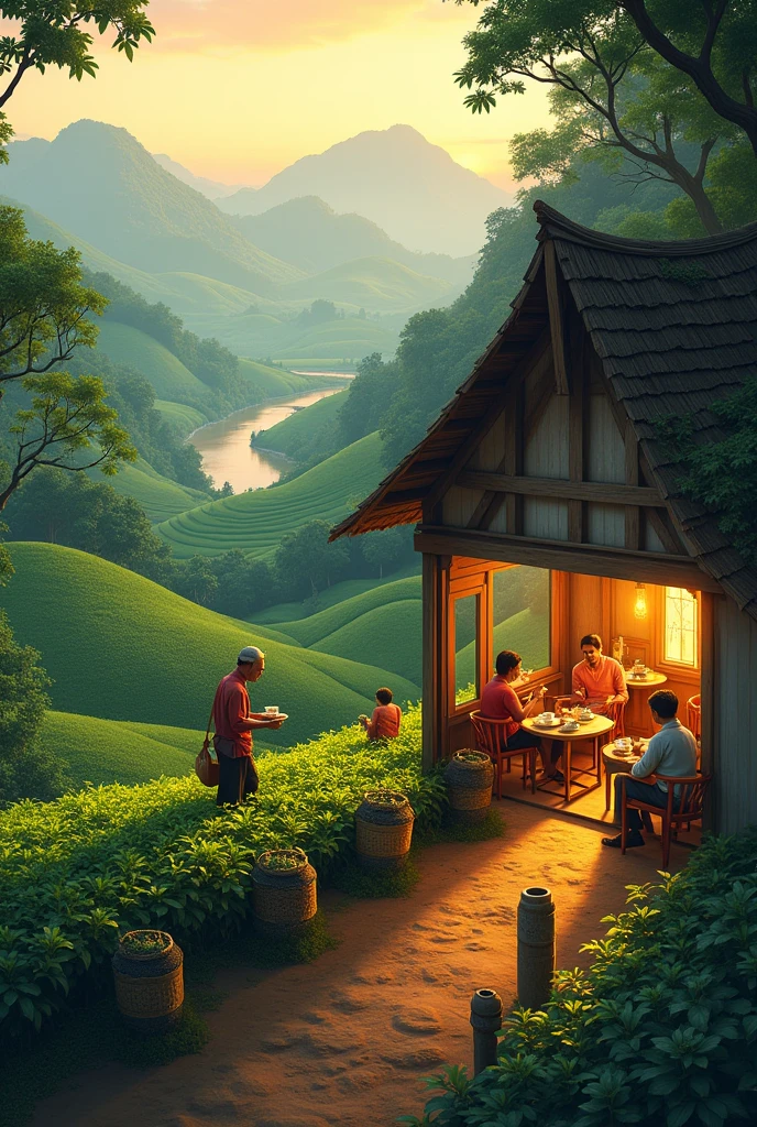 Make something related to assam tea and write "The cozy cup" make the people of assam planting tea at one side and make the people drinking tea at other side