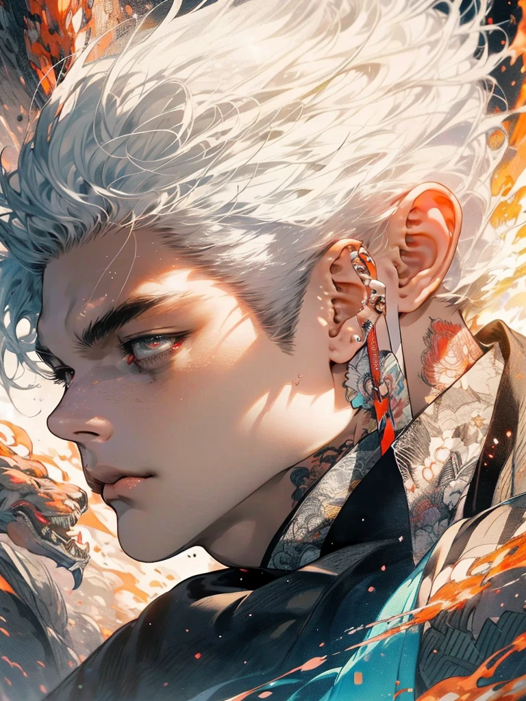 realisticlying,(tmasterpiece,top Quority,best qualtiy,offcial art,Beauty and aesthetics:1.2),The is very detailed,s fractal art,Colorful,Most detailed,zentangle,(abstract backgrounds:1.5)(1boys:1.3),Kamimei,White color hair,short detailed hair,(luminous red eyes),mistic,(magie),flame,Handsome man
