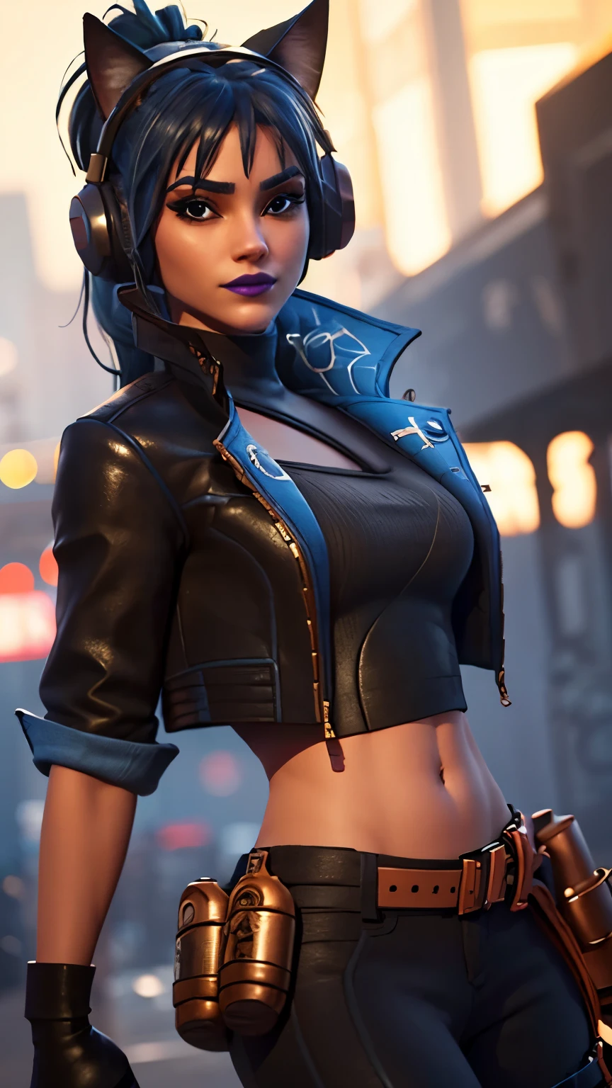 City detailed background, City detailed scenario, 1girl, solo, HeroicHopeFN, Heroic Hope from fortnite, (crop top, black top, open clothes), (jacket crop top, black jacket, blue loose, jacket loose), fingerless gloves, black pants, blue belt, blue hair, ponytail, blue eyes, headphones, cat ears headphones, holster, holster spray cans, purple lips, lipsticks, smirk, looking at viewer,