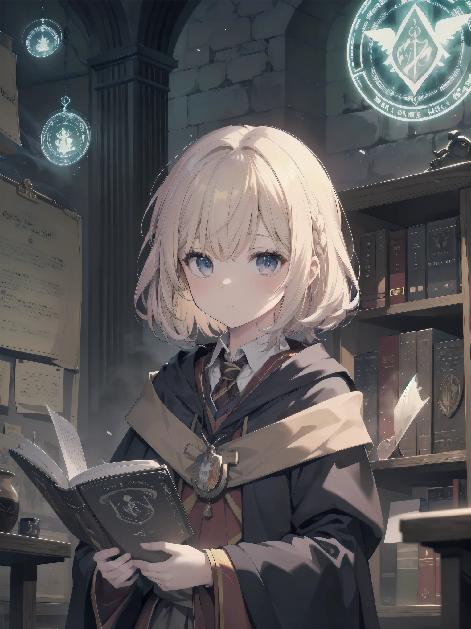 Masterpiece, Top Quality, Absurd, High Resolution, Subject Seismic, Animation Style Illustration with Mock Pause, 1 Girl, Solo, Cute random hairstyle, beautiful random expression and face, random age, slender, random clothing for situation,wizard robes, wand, magical castle, owl, spell book, (Hogwarts: 1.2), magic, wonder, (Harry Potter inspired: 1.3), mysterious atmosphere, details